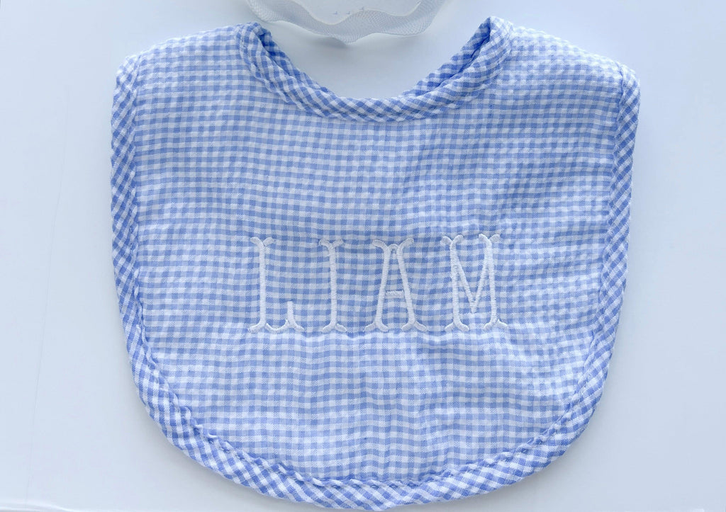 Blue Gingham Bib | Nashville Bow Co. - Classic Hair Bows, Bow Ties, Basket Bows, Pacifier Clips, Wreath Sashes, Swaddle Bows. Classic Southern Charm.