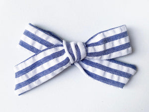 New Girl Bow - Navy Seersucker | Nashville Bow Co. - Classic Hair Bows, Bow Ties, Basket Bows, Pacifier Clips, Wreath Sashes, Swaddle Bows. Classic Southern Charm.