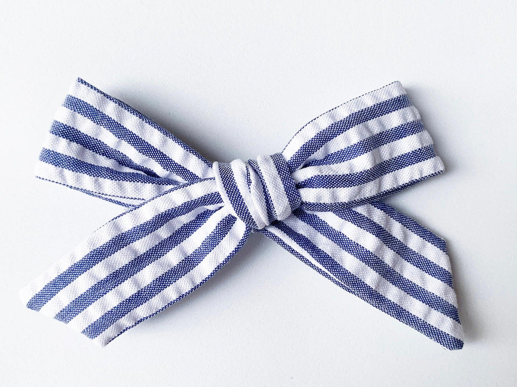 Schoolgirl Bow - Navy Seersucker | Nashville Bow Co. - Classic Hair Bows, Bow Ties, Basket Bows, Pacifier Clips, Wreath Sashes, Swaddle Bows. Classic Southern Charm.