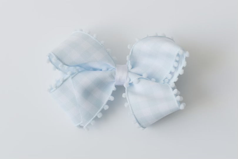 Sissy Bow - Blue Pom Pom | Nashville Bow Co. - Classic Hair Bows, Bow Ties, Basket Bows, Pacifier Clips, Wreath Sashes, Swaddle Bows. Classic Southern Charm.