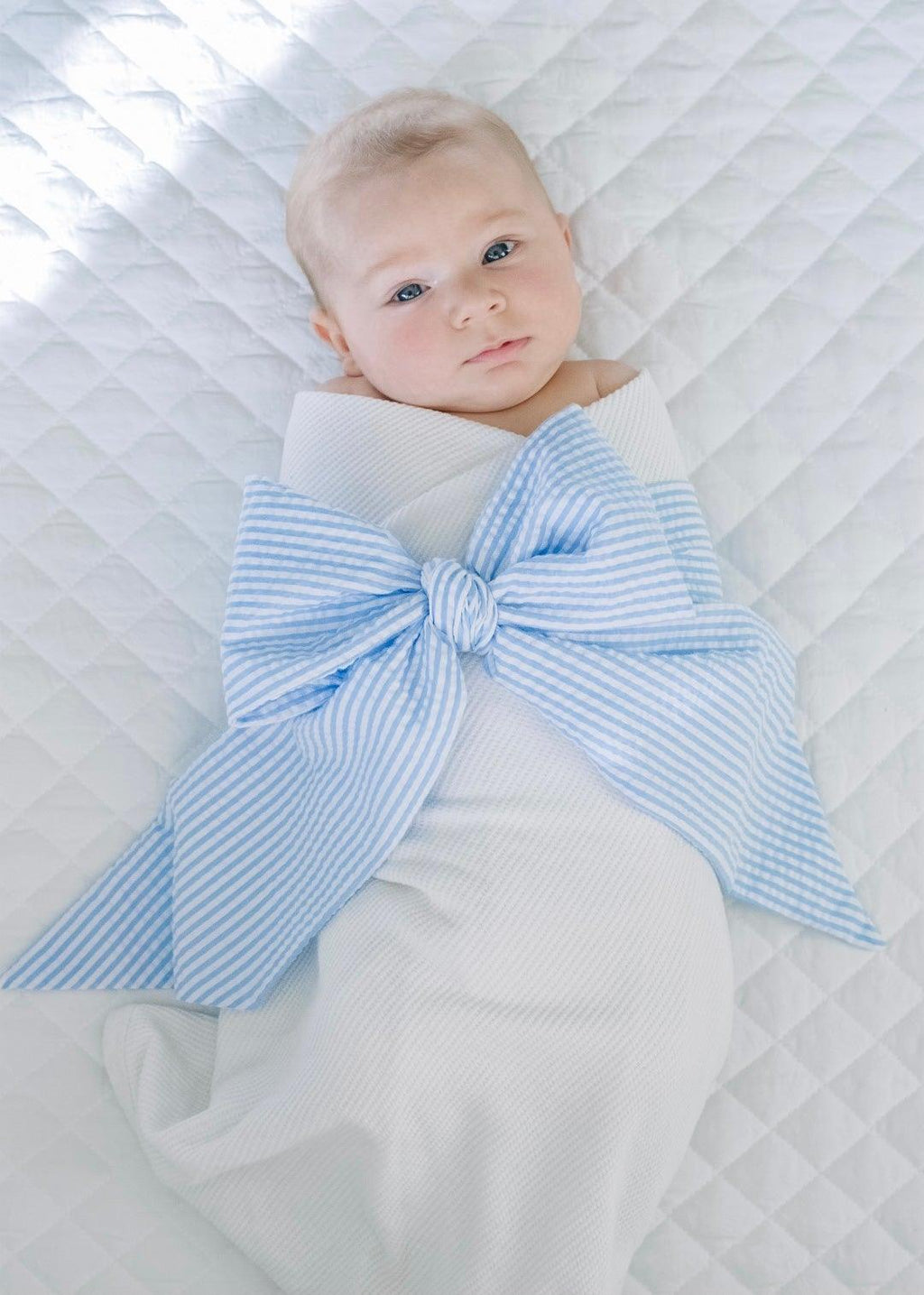 Swaddle Bow- Blue Seersucker | Nashville Bow Co. - Classic Hair Bows, Bow Ties, Basket Bows, Pacifier Clips, Wreath Sashes, Swaddle Bows. Classic Southern Charm.